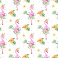 Flamingo seamless pattern. Funny beach flamingos pink white print. Exotic birds and tropical palm leaves. Summer beach