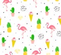 Flamingo seamless pattern. Summer background with diamonds, cactus and ice cream.