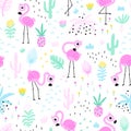 Flamingo seamless pattern. Summer tropical vector background with cute pink birds in the jungle. Simple childish hand Royalty Free Stock Photo