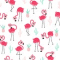 Flamingo seamless pattern. Summer tropical vector background with cute pink birds in the jungle. Simple childish hand Royalty Free Stock Photo