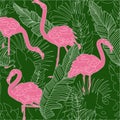 Flamingo Seamless pattern. Tropical pink bird in green palm leaves. Paradise background. Decor textile, wrapping paper Royalty Free Stock Photo