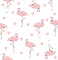 Flamingo seamless pattern. Cute Flamingo with hearts on white background