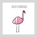 Flamingo with stripe pattern. Card, postcard, print, wall poster with pink bird for kids