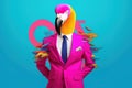 Flamingo in a suit. Modern human body with flamingo head in a bright business suit.