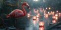 Flamingo Surrounded by Floating Glowing Orbs Background for Fantasy Atmosphere, Celestial Magic, or Enchanted Creatures Royalty Free Stock Photo