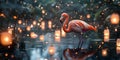 Flamingo Surrounded by Floating Glowing Orbs Background for Fantasy Atmosphere, Celestial Magic, or Enchanted Creatures Royalty Free Stock Photo