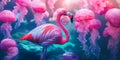 Flamingo Surrounded by Floating Glowing Orbs Background for Fantasy Atmosphere, Celestial Magic, or Enchanted Creatures Royalty Free Stock Photo