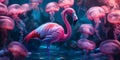 Flamingo Surrounded by Floating Glowing Orbs Background for Fantasy Atmosphere, Celestial Magic, or Enchanted Creatures Royalty Free Stock Photo