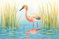 flamingo surrounded by tall grass and reeds in shallow water