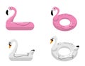 Flamingo and swan inflatable swimming pool floats. Vector illustration. Rings for swimming. Set of swimming rings