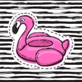 Flamingo swim ring. Pool float. Inflatable pink flamingo. Swimming circle. Summer print, sticker, badge, fashion patch