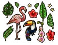 Flamingo, toucan and flowers embroidery patches for your design.