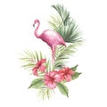 Flamingo With Tropical Flowers And Leaf.Hand Draw Watercolor Illustration