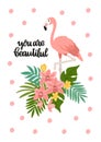 Flamingo with tropical flowers, leaves