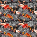 Flamingo, Tropical Leaves, Exotic Flowers. Seamless Pattern, Black Background. Watercolor