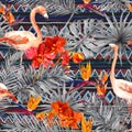 Flamingo, tropical leaves, exotic flowers. Seamless tribal background. Watercolor Royalty Free Stock Photo