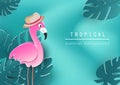 Flamingo and tropical leaves poster on wave background, seasonal holiday, floral design, flyer, invitation, greeting card, paper