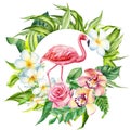Flamingo, Tropical Palm Leaves And Orchids Flowers Hand-painted Watercolor, Poster