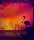 Flamingo on Tropical Peaceful Sunset