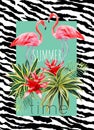 Flamingo and tropical plants watercolor summer illustration Royalty Free Stock Photo