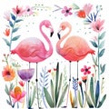 Flamingo In Tropical Plants On A White Background. Watercolor Illustration