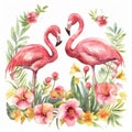 Flamingo In Tropical Plants On A White Background. Watercolor Illustration