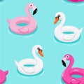 Flamingo and unicorn inflatable pool floats pattern. Vector seamless texture.