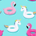 Flamingo and unicorn inflatable pool floats pattern. Vector seamless texture.