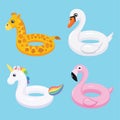 Flamingo, unicorn, swan and giraffe inflatable swimming pool floats. Vector illustration.