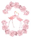 Flamingo wedding invitation, greeting card with pink flamingos. Beautiful watercolor illustration of love birds