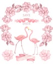 Flamingo wedding invitation, greeting card with pink flamingos. Beautiful watercolor illustration of love birds Royalty Free Stock Photo