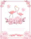 Flamingo wedding invitation, greeting card with pink flamingos. Beautiful watercolor illustration of love birds