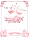 Flamingo wedding invitation, greeting card with pink flamingos. Beautiful watercolor illustration of love birds flamingos. Royalty Free Stock Photo