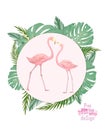 Flamingo wedding invitation, greeting card with pink flamingos. Beautiful watercolor illustration of love birds flamingos.