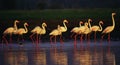 Flamingoes marching in the dawn