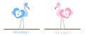 Flamingos. Baby foot prints. Baby gender reveal. Baby girl. Baby boy. Baby shower greeting card