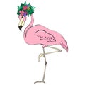 Flamingos on a background of tropical leaves and flowers. Flat vector isolated illustration. Flamingo cartoon print