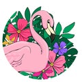 Flamingos on a background of tropical leaves and flowers. Flat vector isolated illustration. Vector clipart element for design. Royalty Free Stock Photo