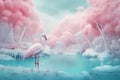 Flamingos in the background of a winter landscape. AI generated