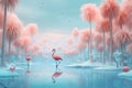 Flamingos in the background of a winter landscape. AI generated