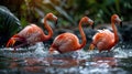 Flamingos bathing in water with splashes Royalty Free Stock Photo