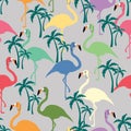 Flamingos bird with palm tree vector pattern texture