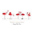 Flamingos. Candy, Gift box, heart balloon Happy new year and merry Christmas greeting card