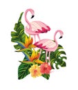 Flamingos couple with tropical flowers and leaves