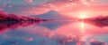 Flamingos at Lake Natron Tanzania pink bodies reflected in calm water at sunset. Concept Wildlife