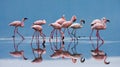 Flamingos on the lake with reflection. Kenya. Africa. Nakuru National Park. Lake Bogoria National Reserve. Royalty Free Stock Photo