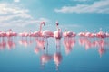 Flamingos in the lake at sunset. Pink flamingos on blue sky background, Group birds of pink african flamingos walking around the