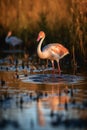 Flamingos in Marshland at Sunset