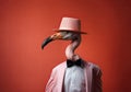Flamingos in a pink hat and a pink tailcoat on a red background
