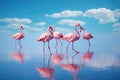 Flamingos in the salt lake of Camargue, France, Group birds of pink african flamingos walking around the blue lagoon on a sunny